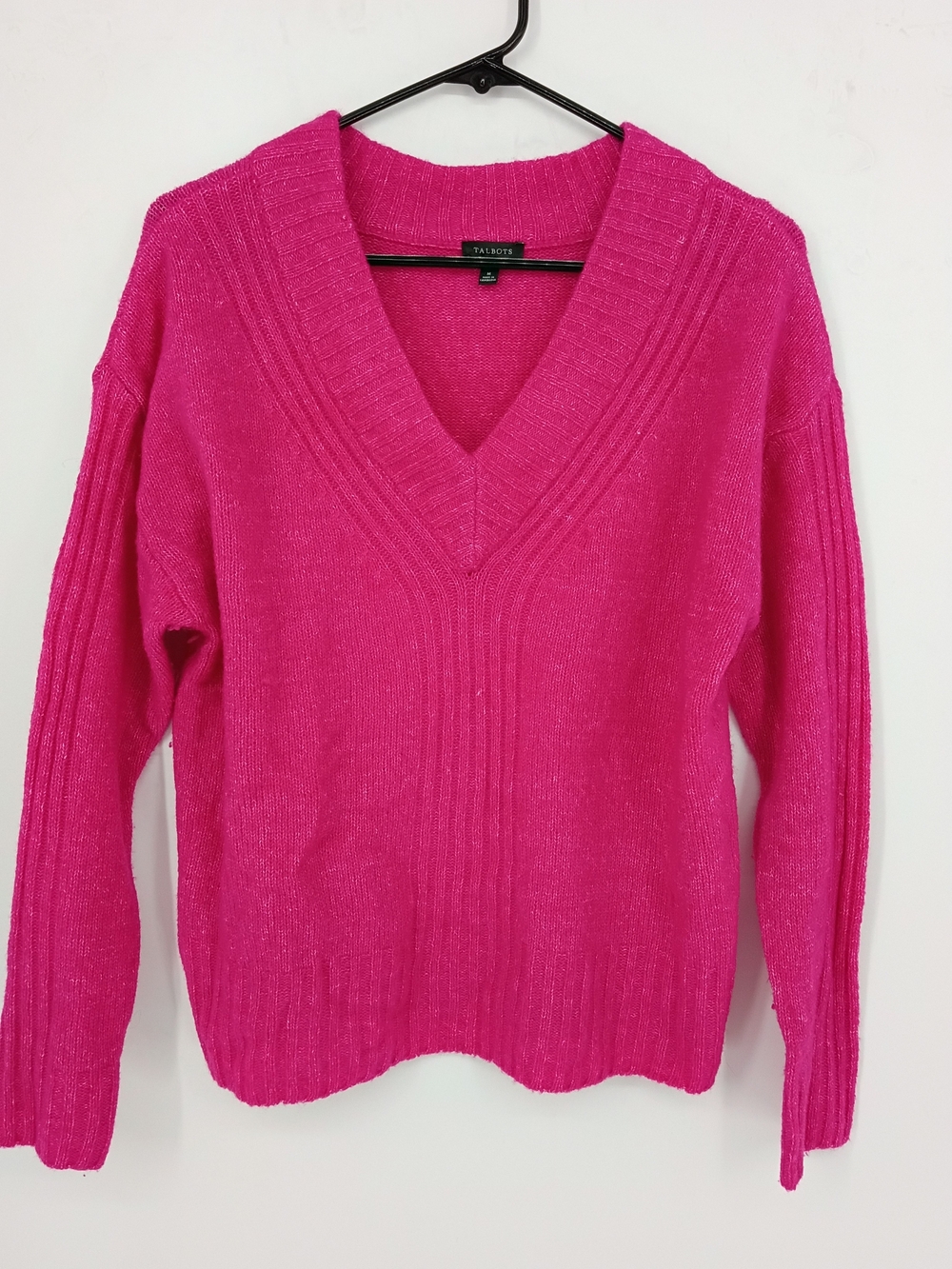 Talbots Vibrant Hot Pink Wool Blend V-Neck Sweater W Texture Y2K Size Medium